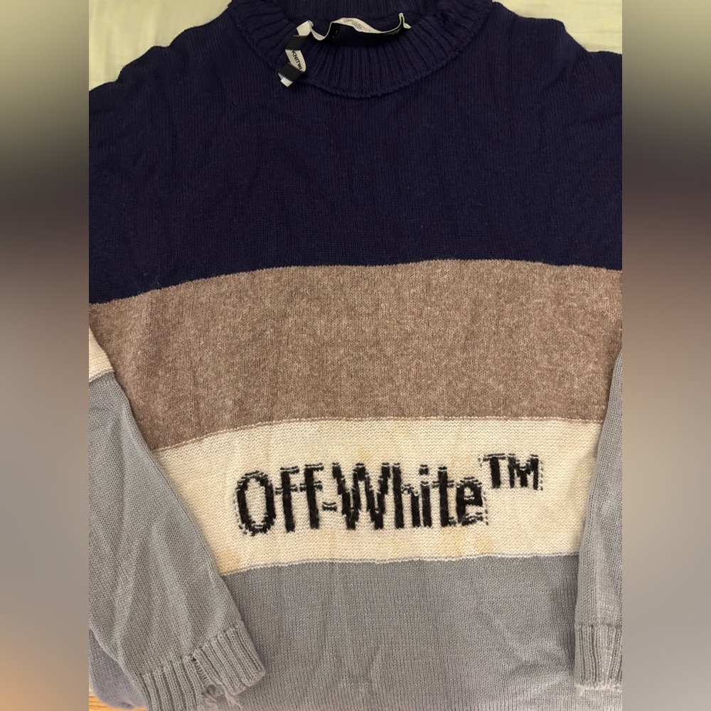 Off-White Striped Sweater in Navy, Brown, and Gray